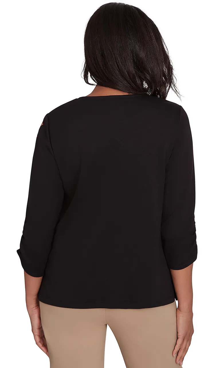 ALFRED DUNNER TOP *PLUS* BLACK EMBROIDERED LEAF YOKE