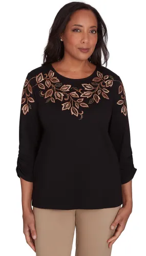 ALFRED DUNNER TOP *PLUS* BLACK EMBROIDERED LEAF YOKE