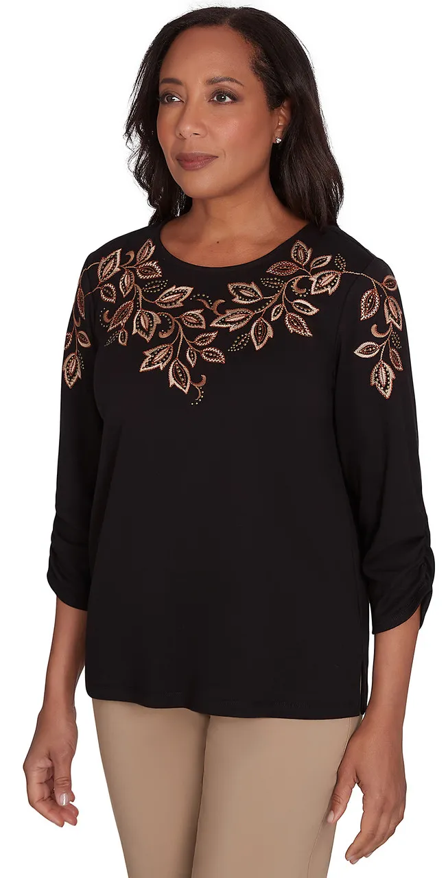 ALFRED DUNNER TOP *PLUS* BLACK EMBROIDERED LEAF YOKE