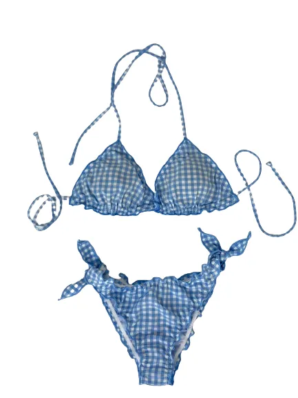 BIKINI A TRIANGOLO FANTASIA CHECK AZZURRO/BIANCO