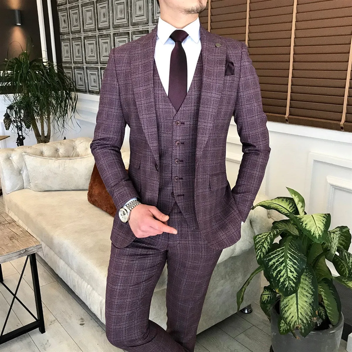 Bojoni Claret Red Plaid Single Breasted Suit 3-Piece