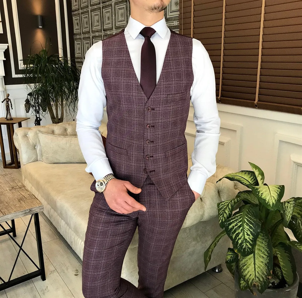 Bojoni Claret Red Plaid Single Breasted Suit 3-Piece