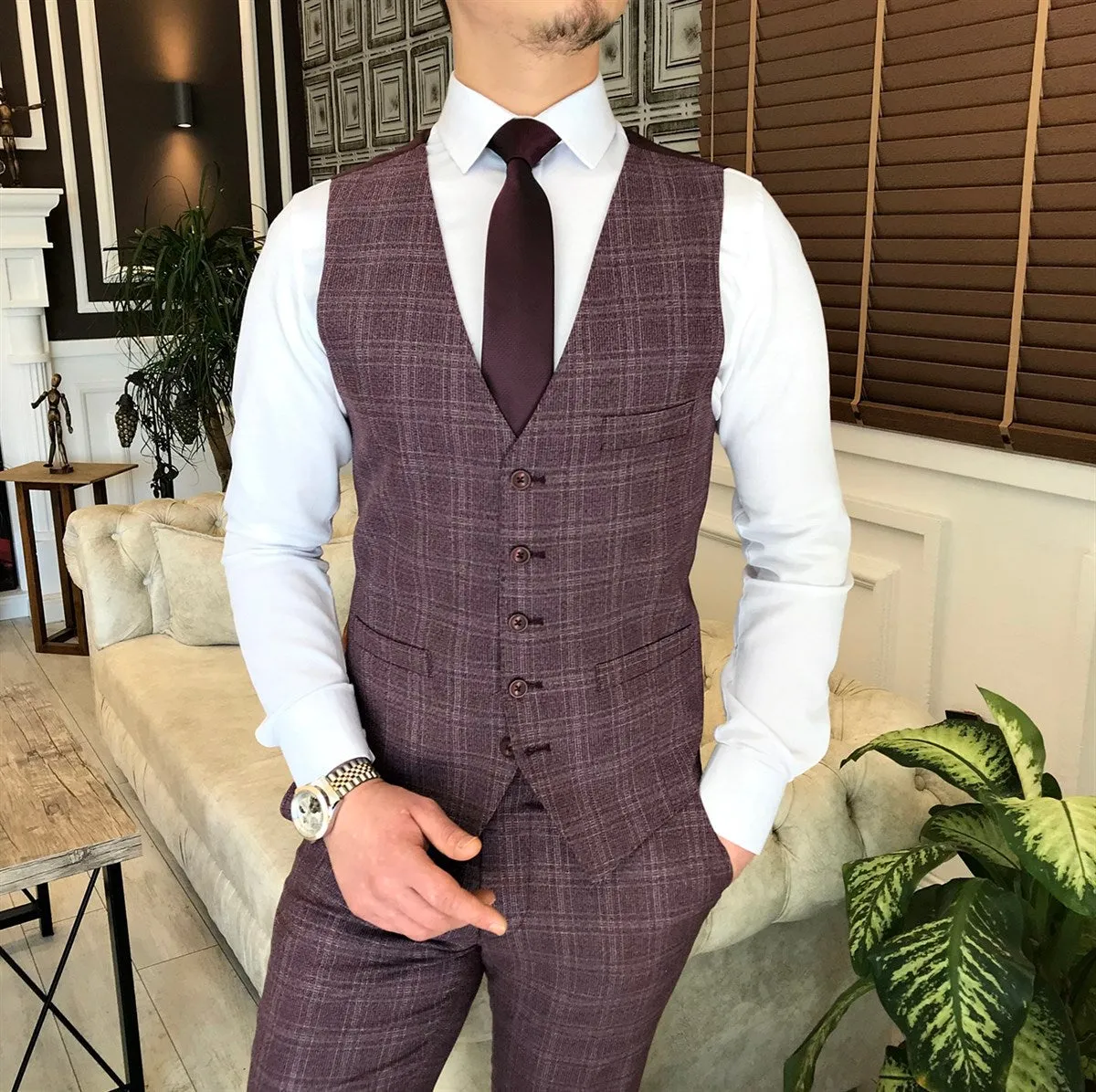 Bojoni Claret Red Plaid Single Breasted Suit 3-Piece