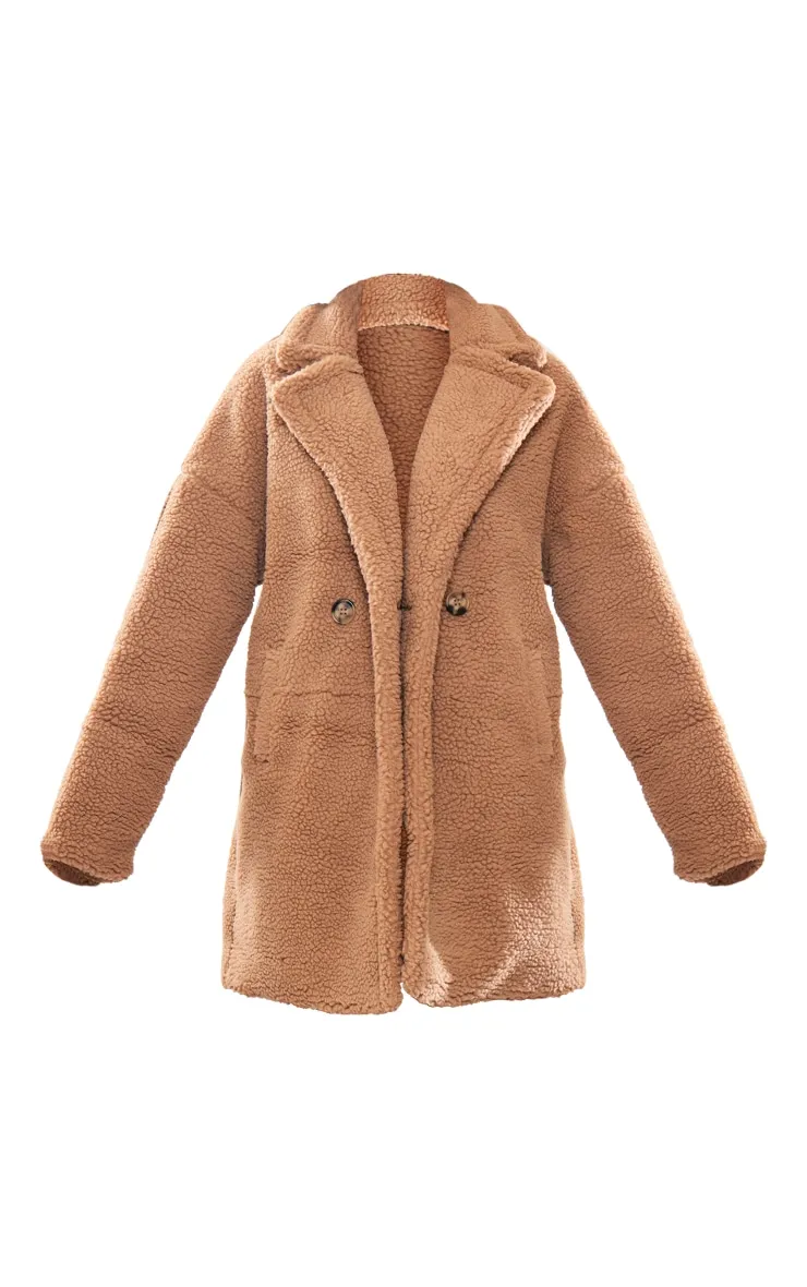 Camel Borg Lapel Drop Arm Midi Coat