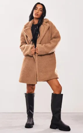 Camel Borg Lapel Drop Arm Midi Coat