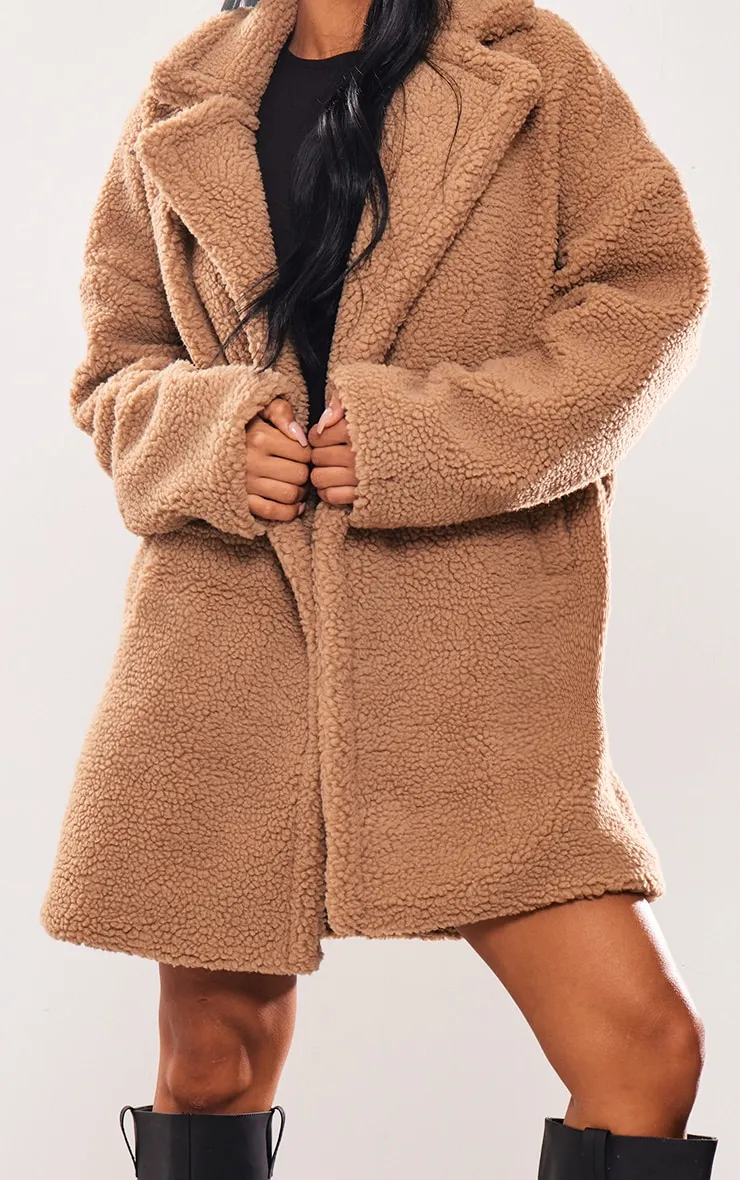 Camel Borg Lapel Drop Arm Midi Coat