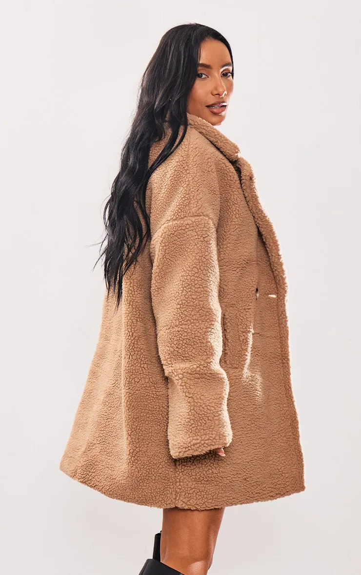 Camel Borg Lapel Drop Arm Midi Coat