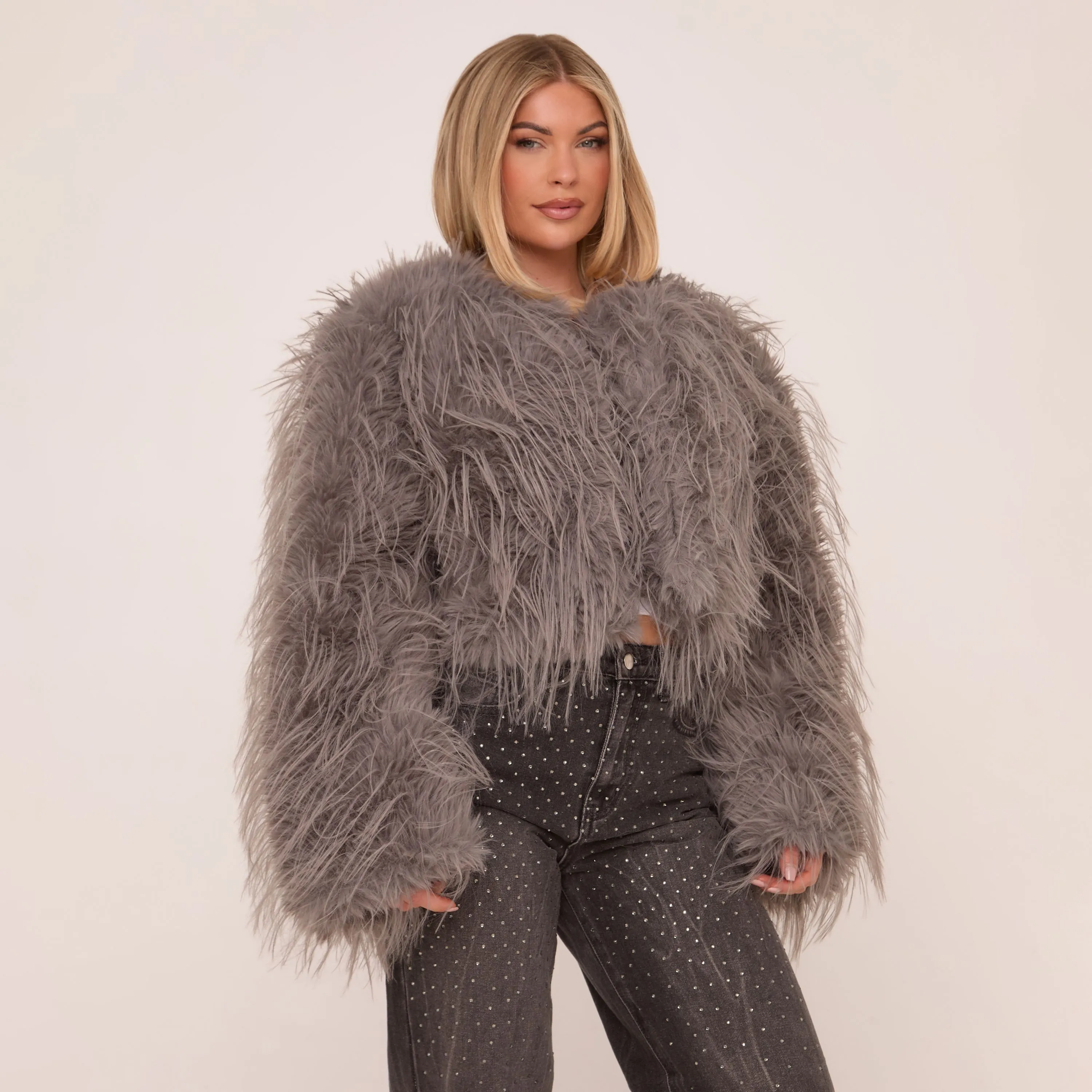 Collarless Coat In Grey Faux Feather Fur Coat