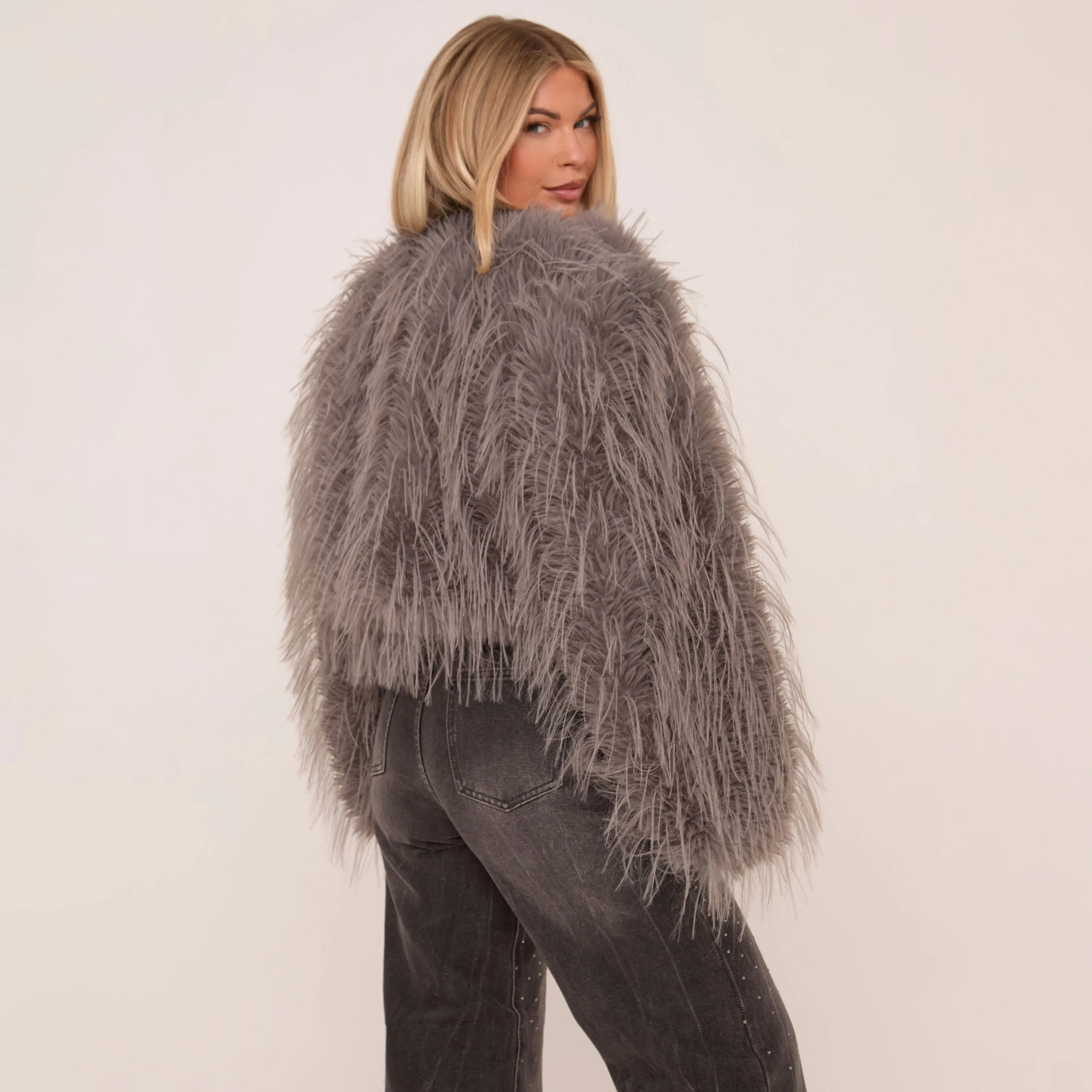 Collarless Coat In Grey Faux Feather Fur Coat