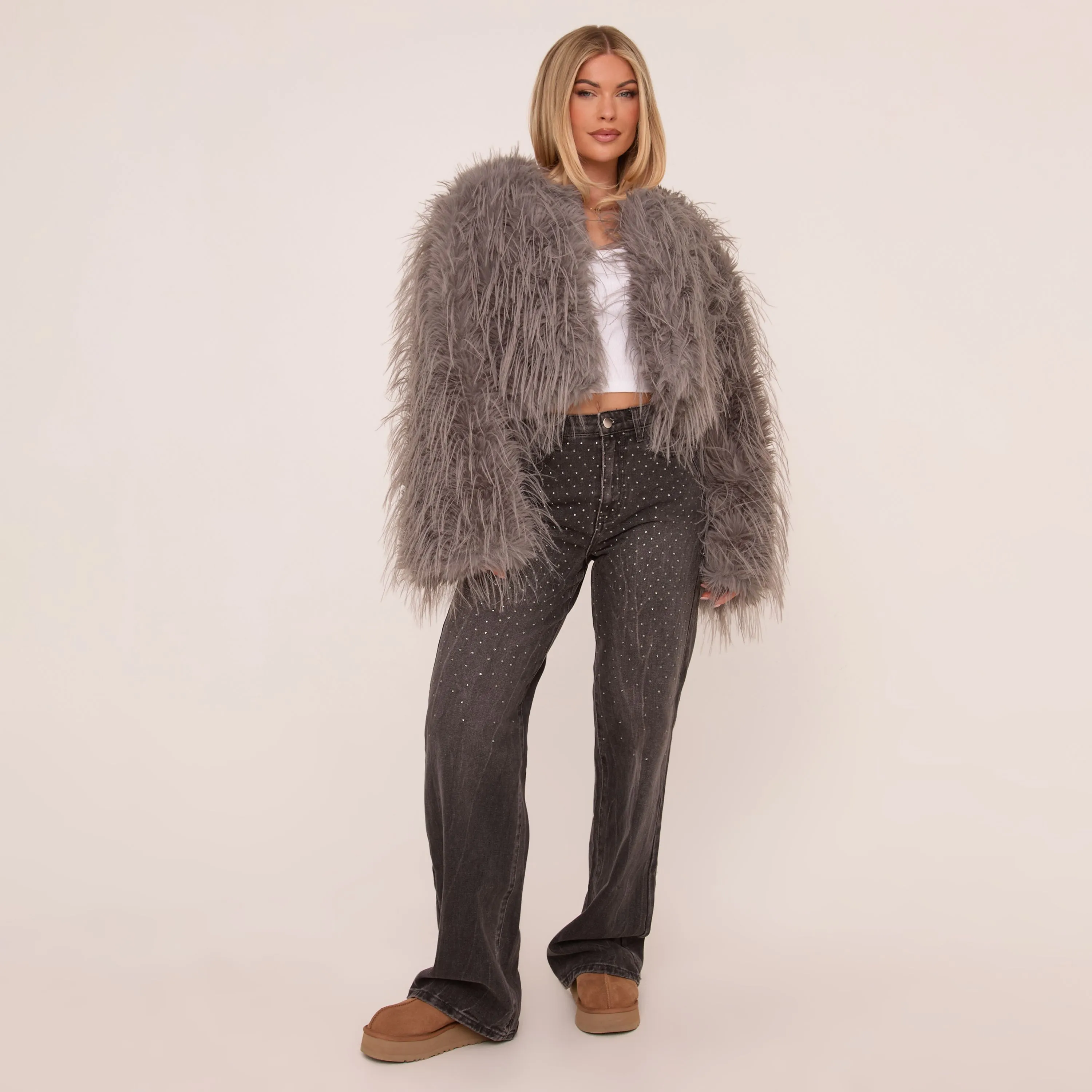 Collarless Coat In Grey Faux Feather Fur Coat