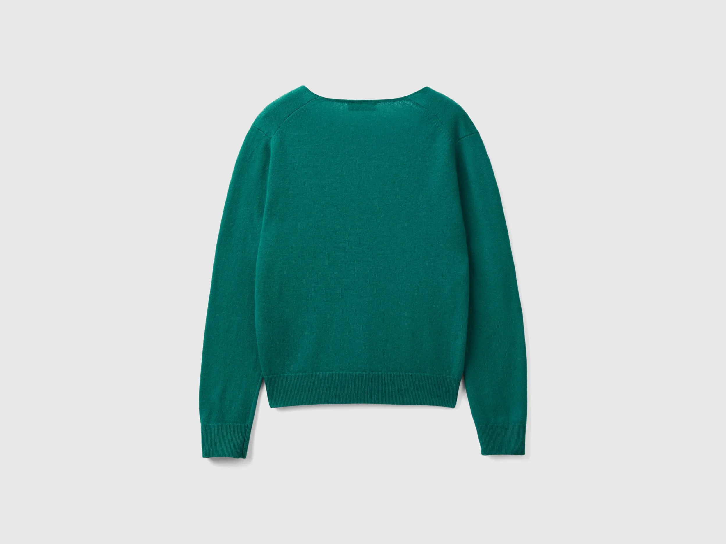 Forest green V-neck sweater in pure Merino wool - Dark Green | Benetton