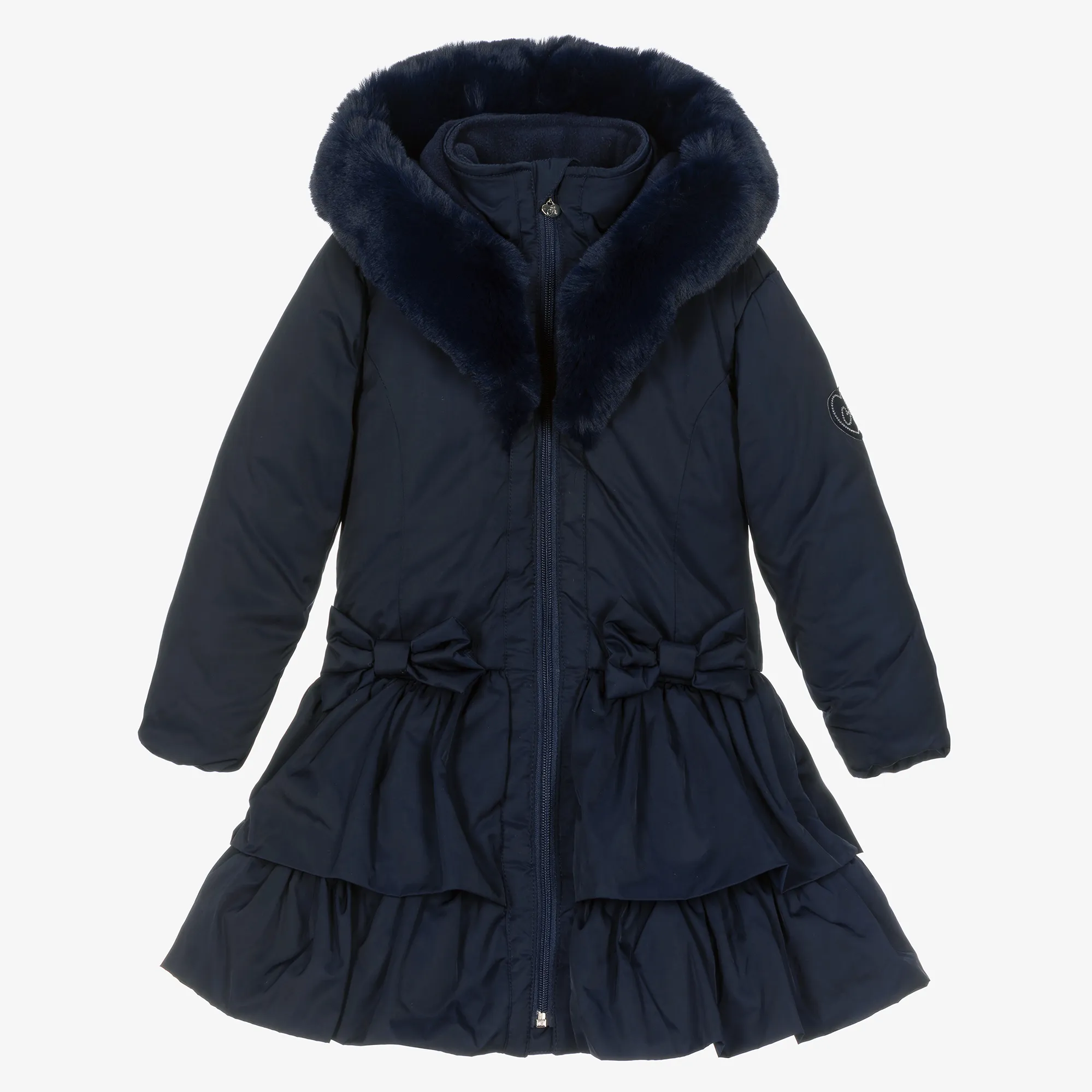 Girls Blue Padded Ruffle Hooded Coat