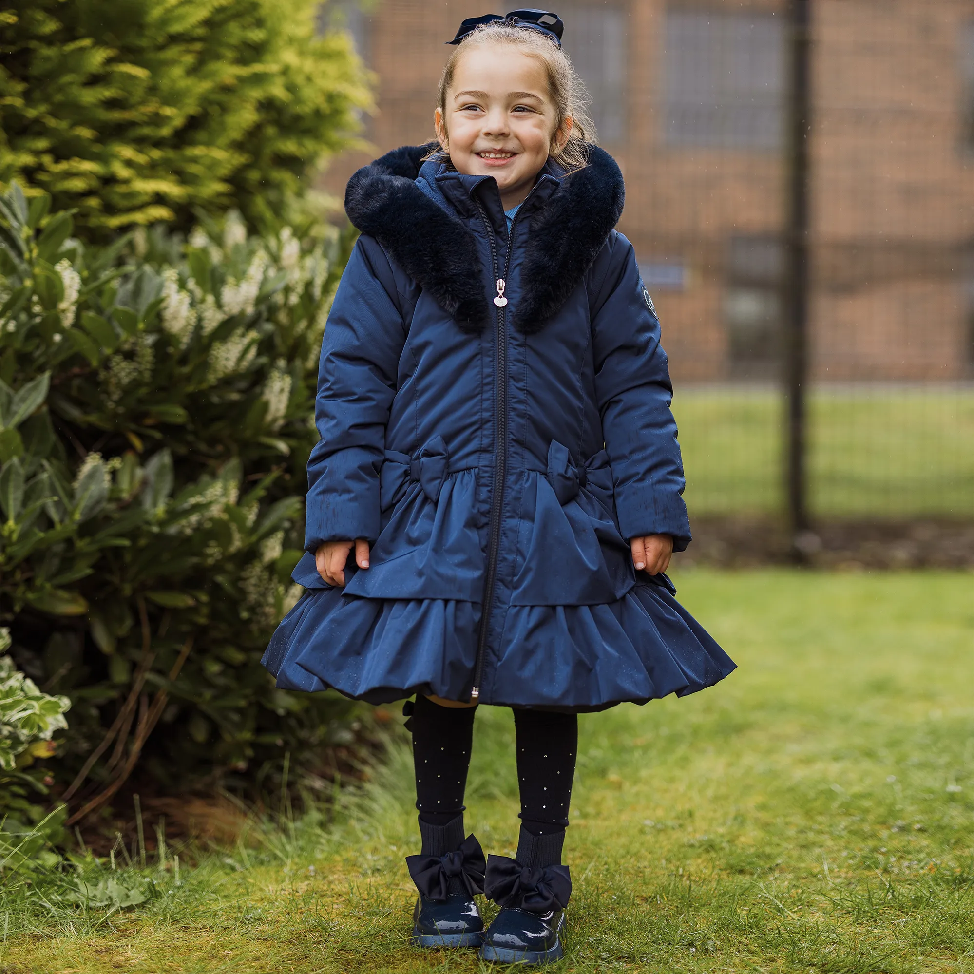 Girls Blue Padded Ruffle Hooded Coat