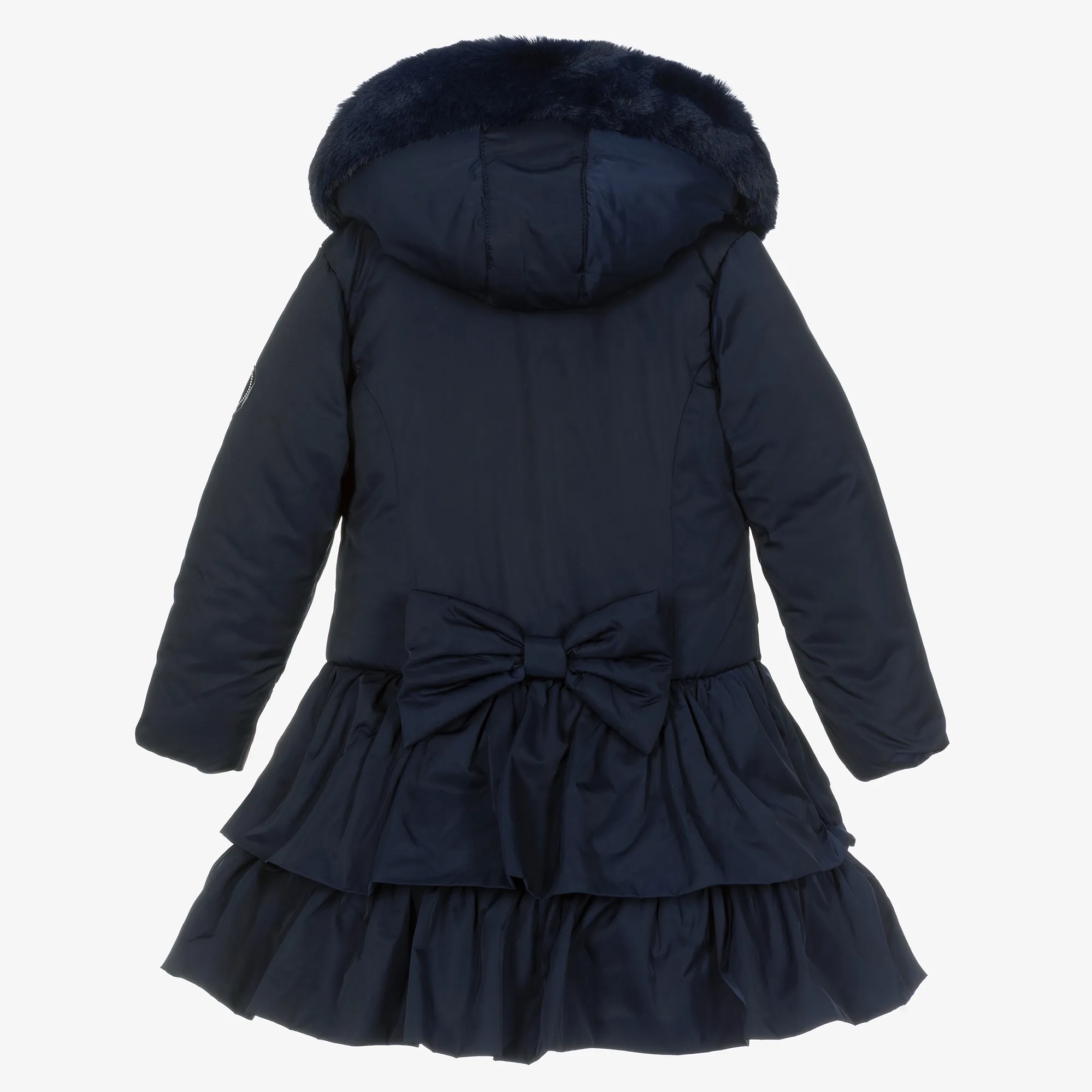 Girls Blue Padded Ruffle Hooded Coat