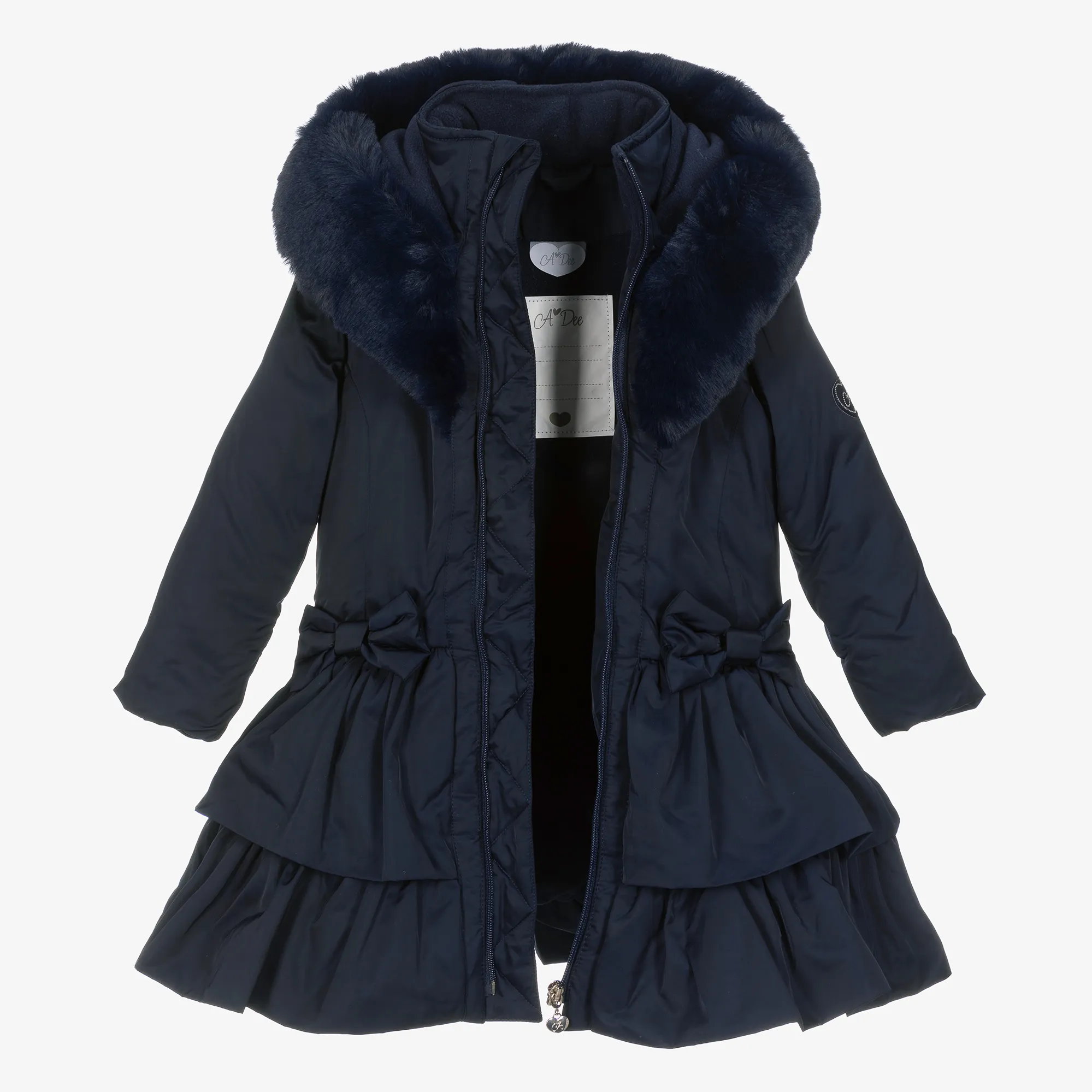 Girls Blue Padded Ruffle Hooded Coat