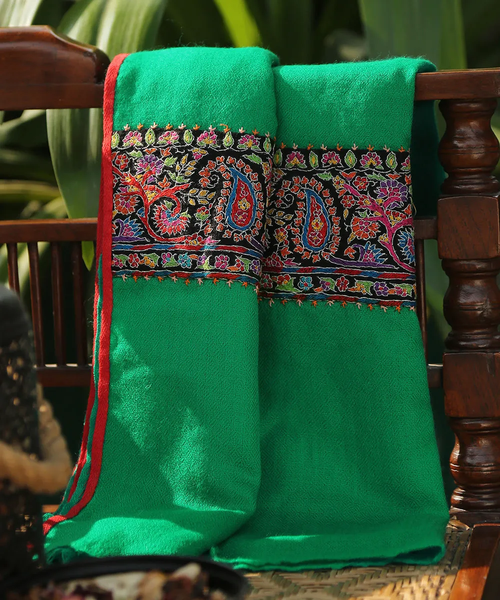 Green Pure Pashmina Scarf With Applique Border In Multicolor Kalamkari