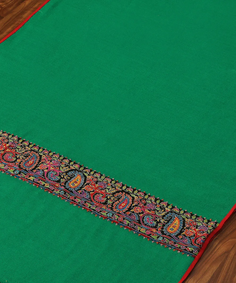 Green Pure Pashmina Scarf With Applique Border In Multicolor Kalamkari