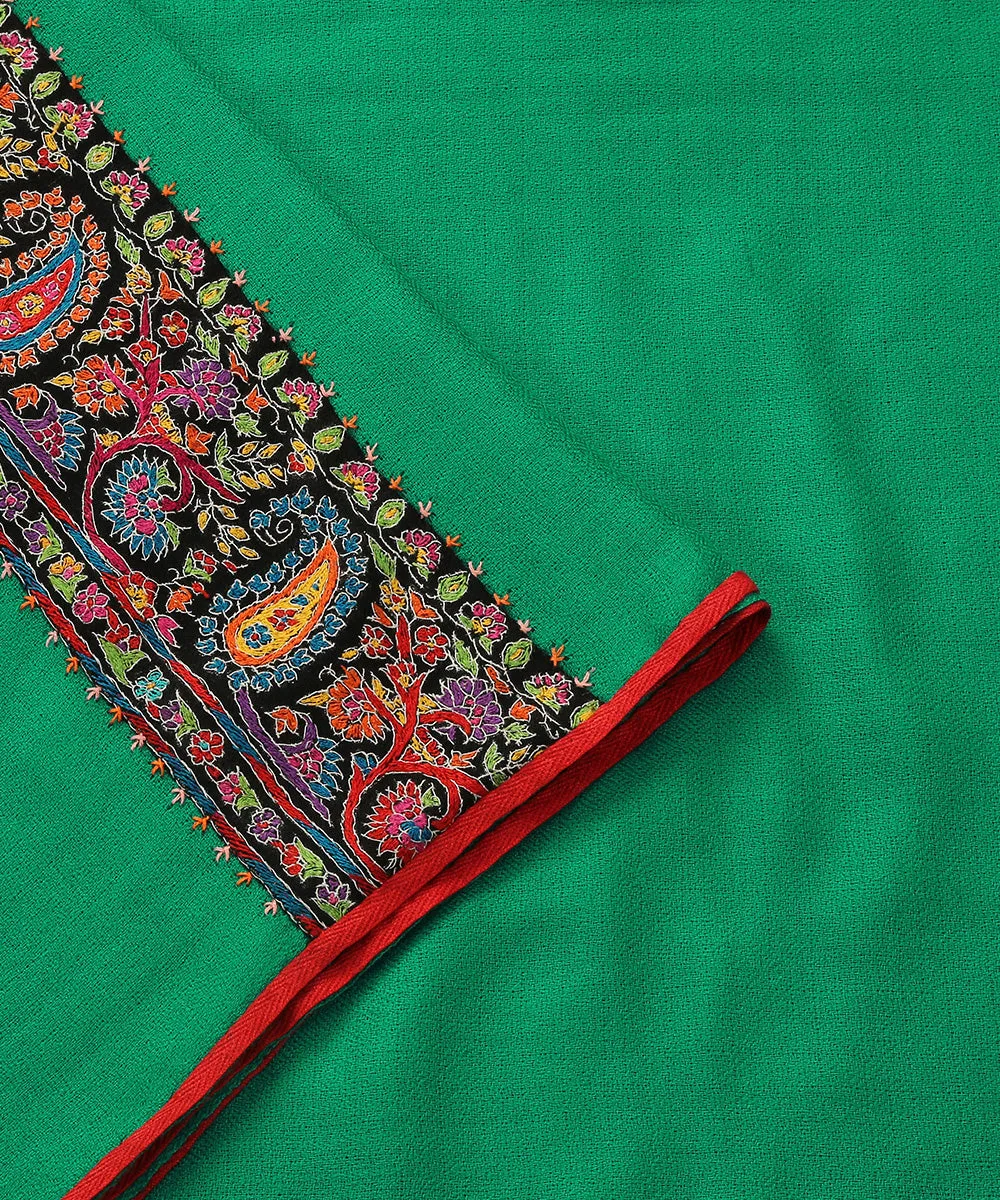 Green Pure Pashmina Scarf With Applique Border In Multicolor Kalamkari