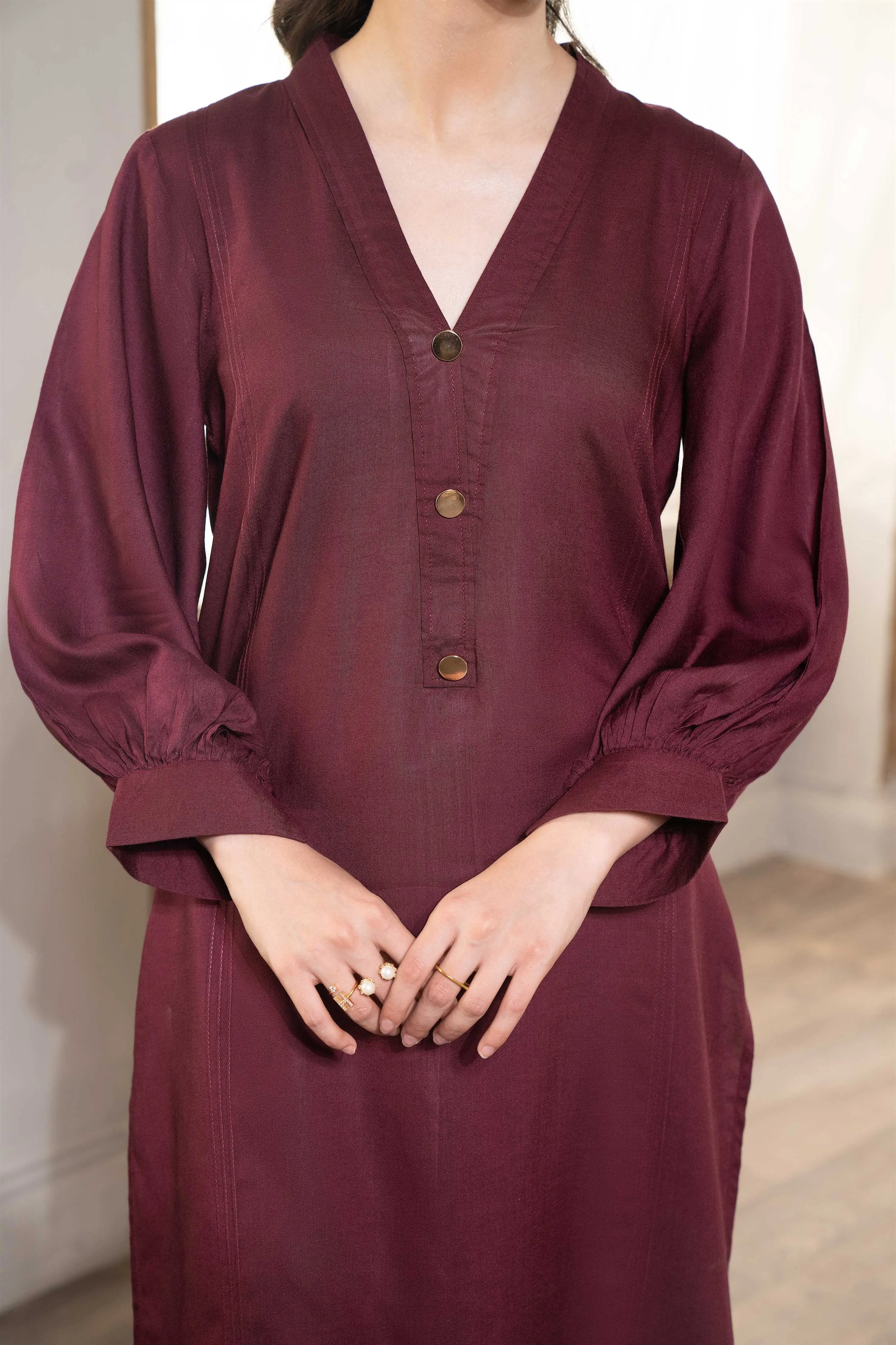 HemStitch Basic Bliss Arabic Lawn Stitched 2Piece Suit - Burgundy