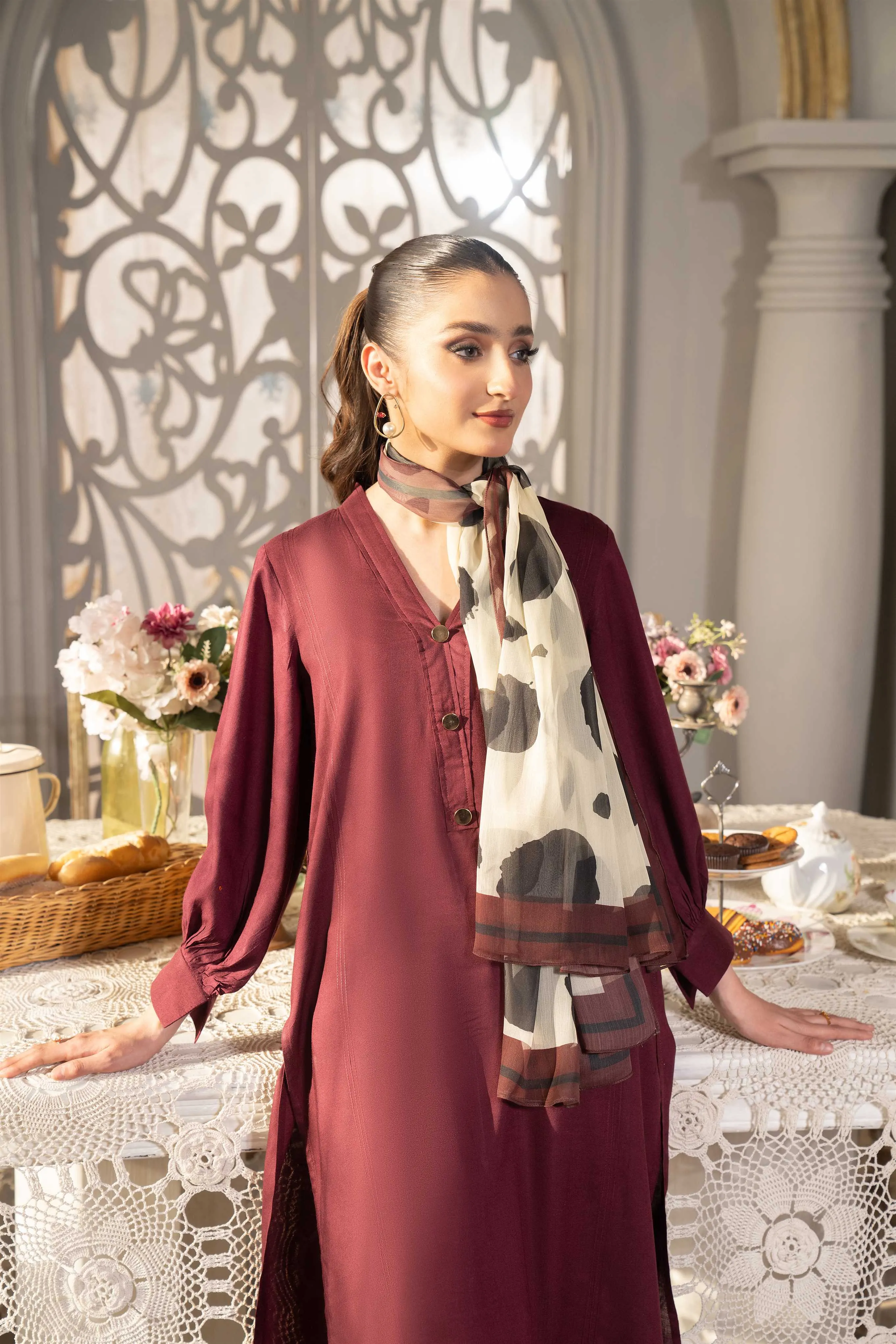 HemStitch Basic Bliss Arabic Lawn Stitched 2Piece Suit - Burgundy