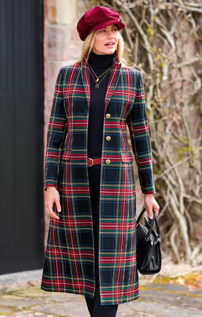 Ladies Single Breasted Full Length Plaid Coat