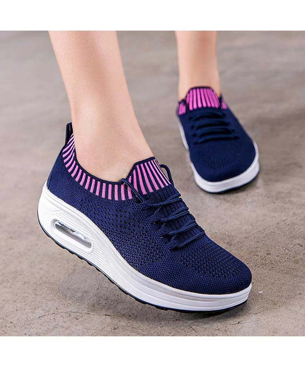 Navy flyknit textured rocker bottom shoe sneaker