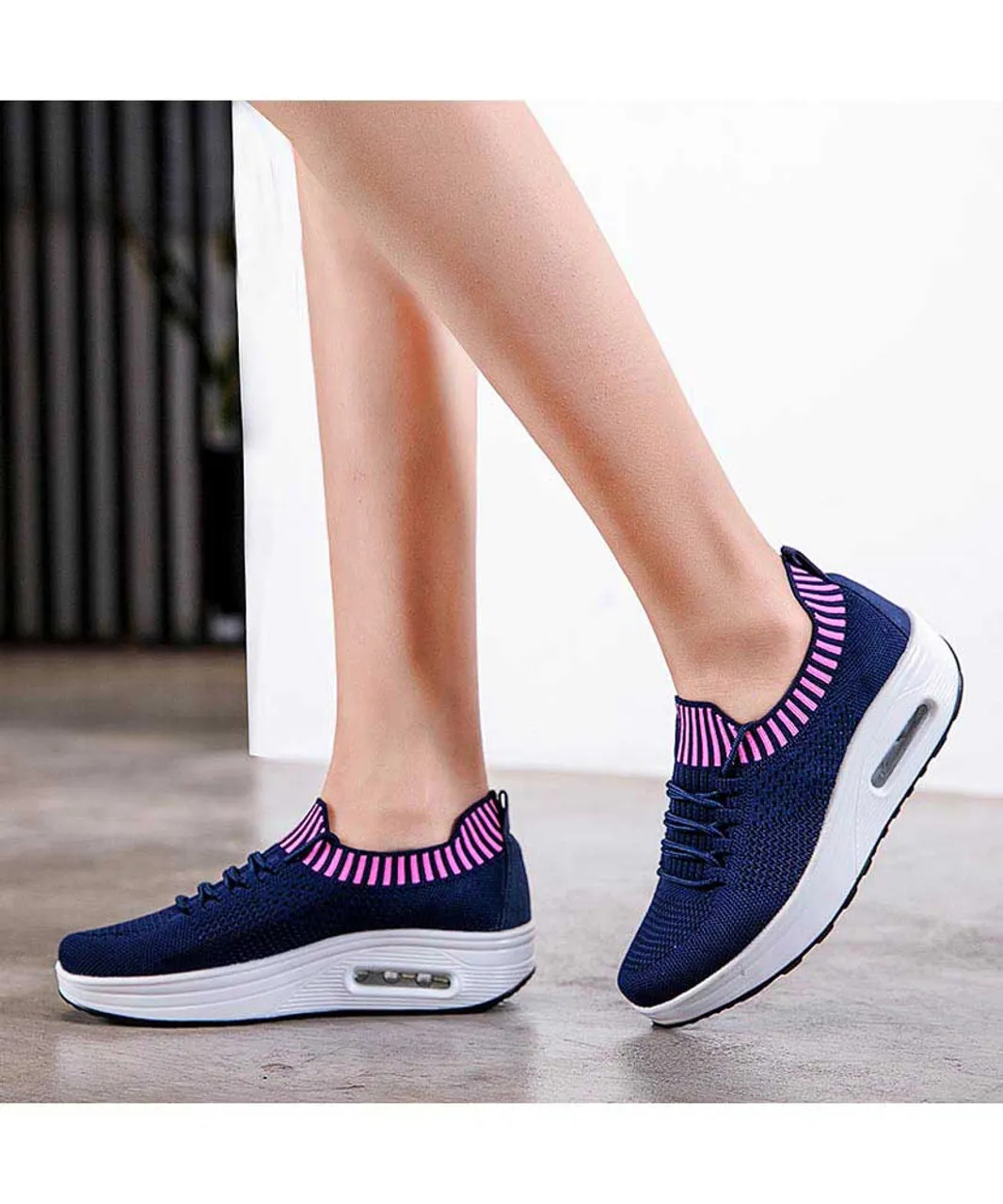 Navy flyknit textured rocker bottom shoe sneaker