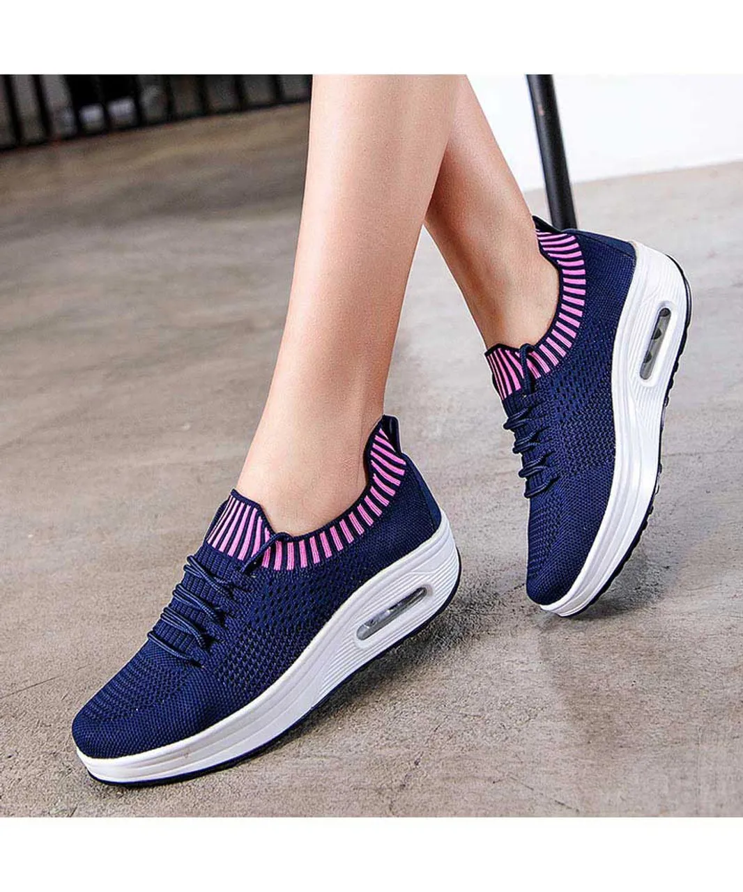 Navy flyknit textured rocker bottom shoe sneaker