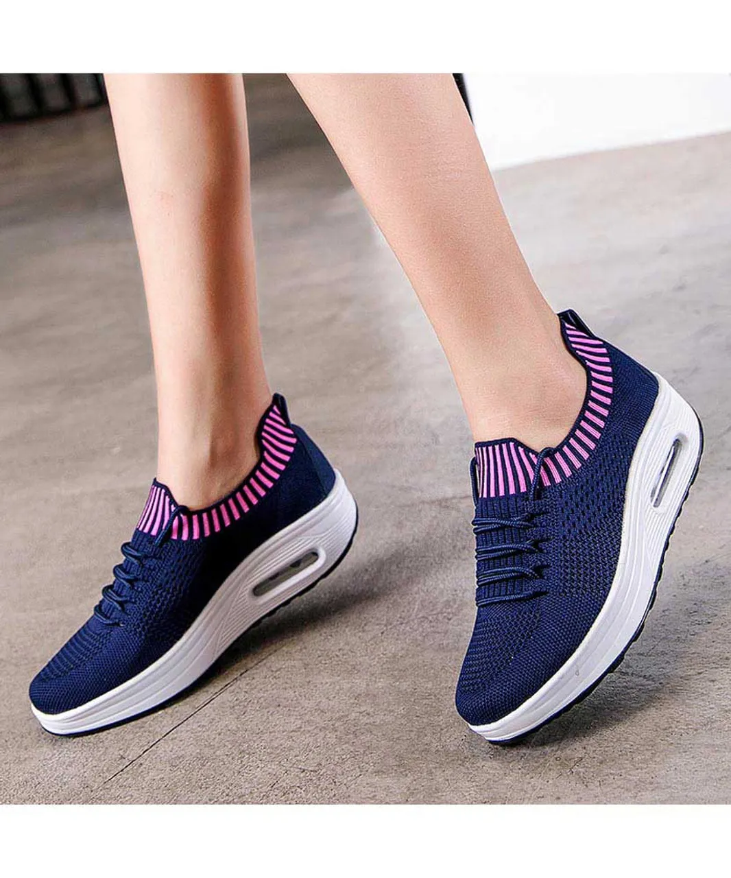 Navy flyknit textured rocker bottom shoe sneaker