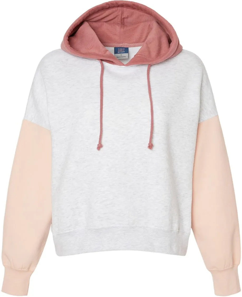 OUTLET-MV Sport Ladies Sueded Fleece Colorblocked Crop Hooded Sweatshirt