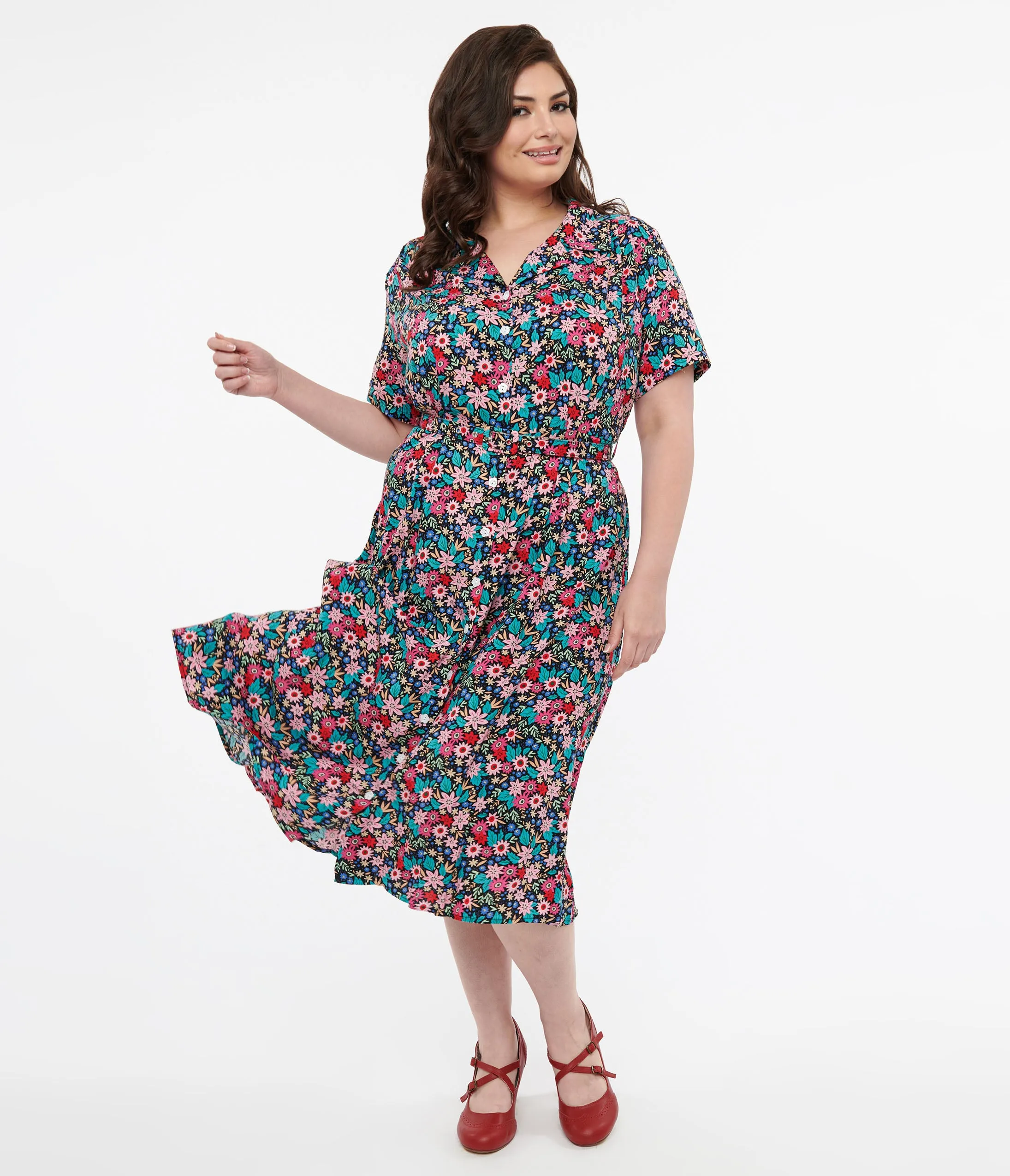 Plus Size 1930s Black & Multicolor Floral Print Tea Party Midi Dress