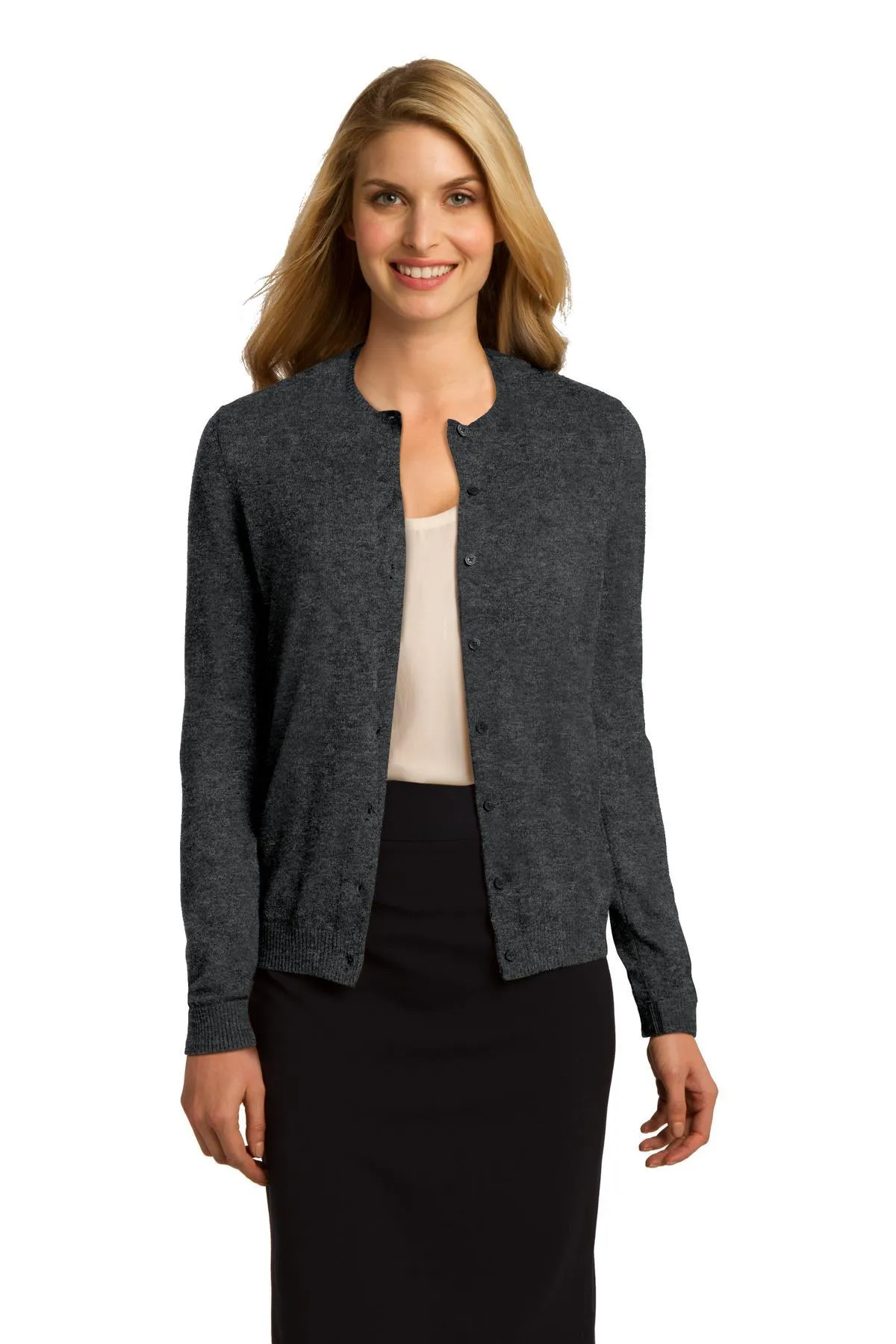 Port Authority Ladies Cardigan Sweater LSW287 Charcoal Heather