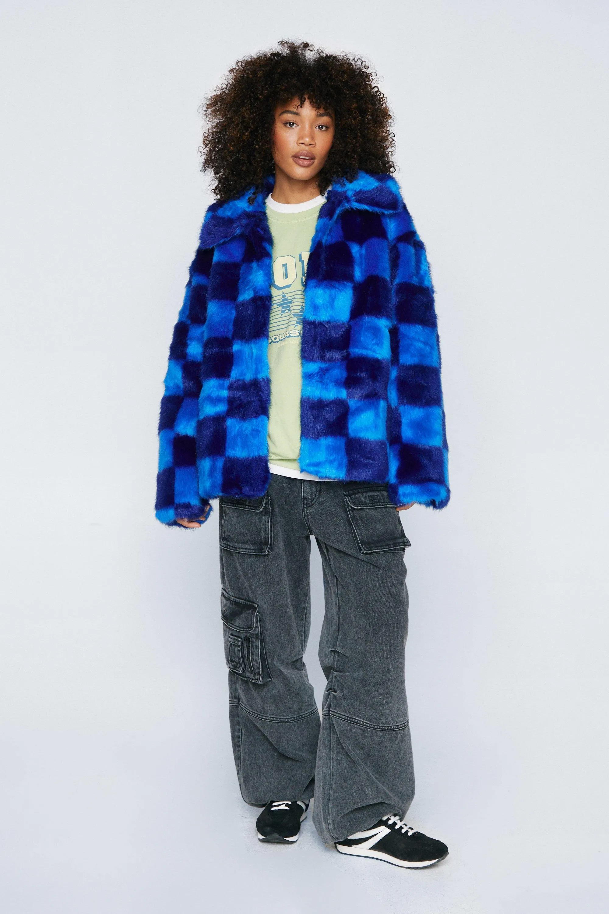 Premium Blue Checkerboard Faux Fur Coat