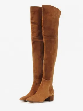 Suede Thigh High Boots Brown Chunky Heel Over The Knee Boots