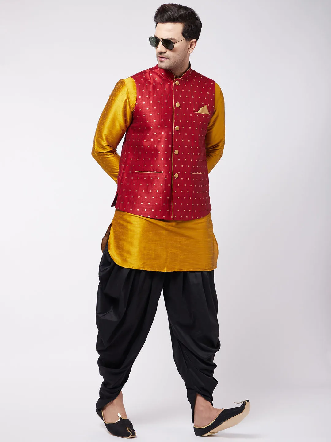 VM By VASTRAMAY Men's Maroon Zari Weaved Jacket With Kurta Dhoti Set