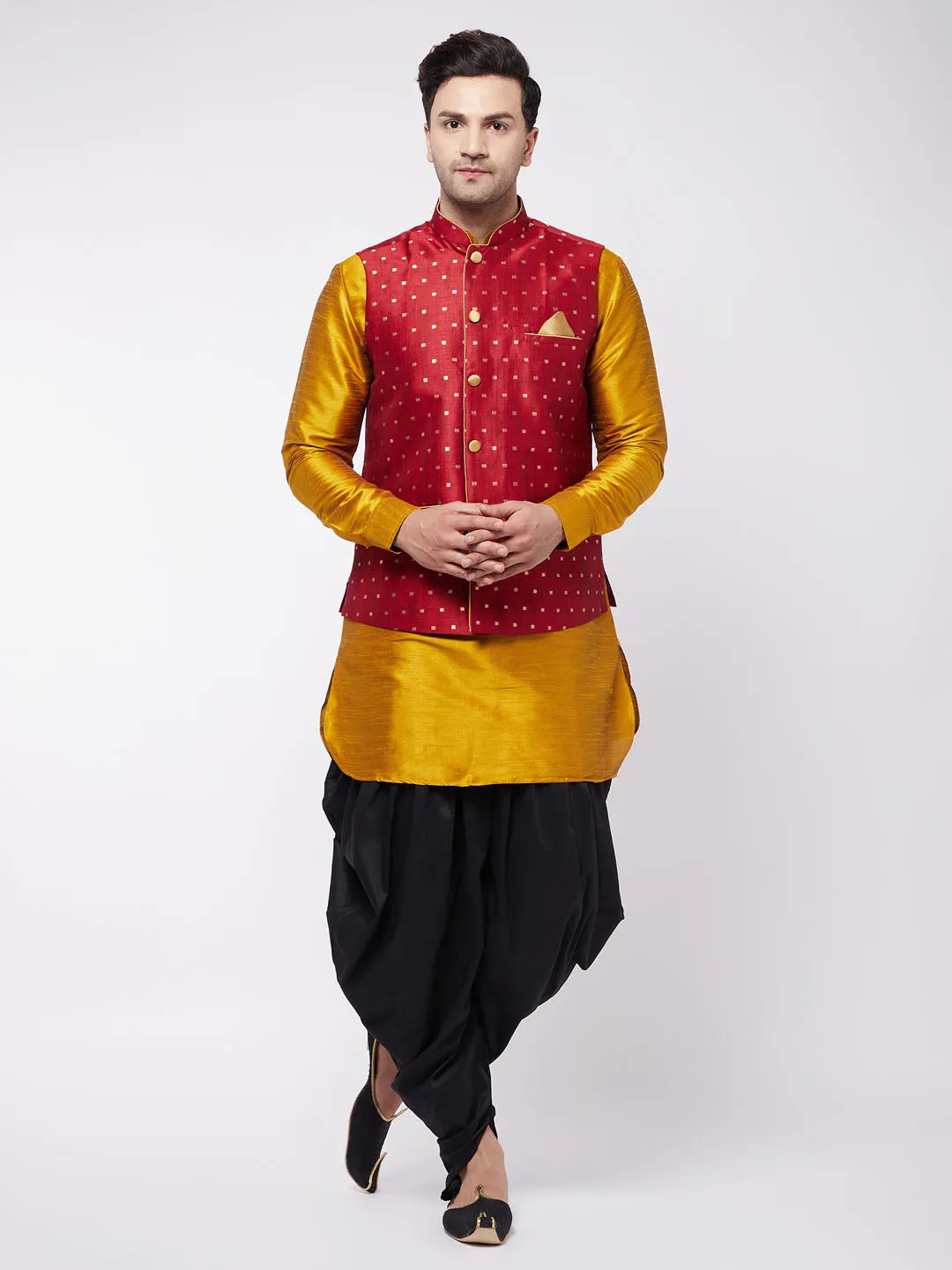 VM By VASTRAMAY Men's Maroon Zari Weaved Jacket With Kurta Dhoti Set