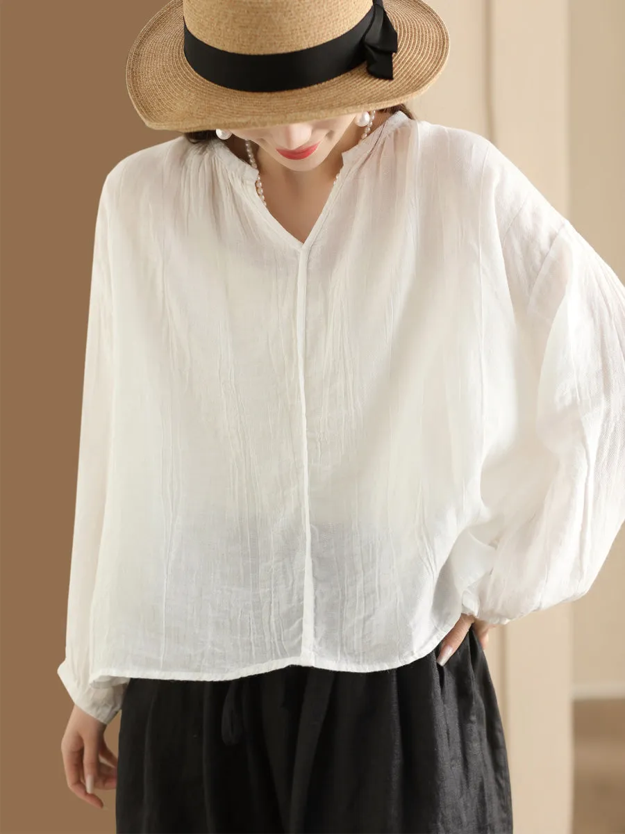 Women Spring Solid Vintage Ramie V-neck Blouse CO1013