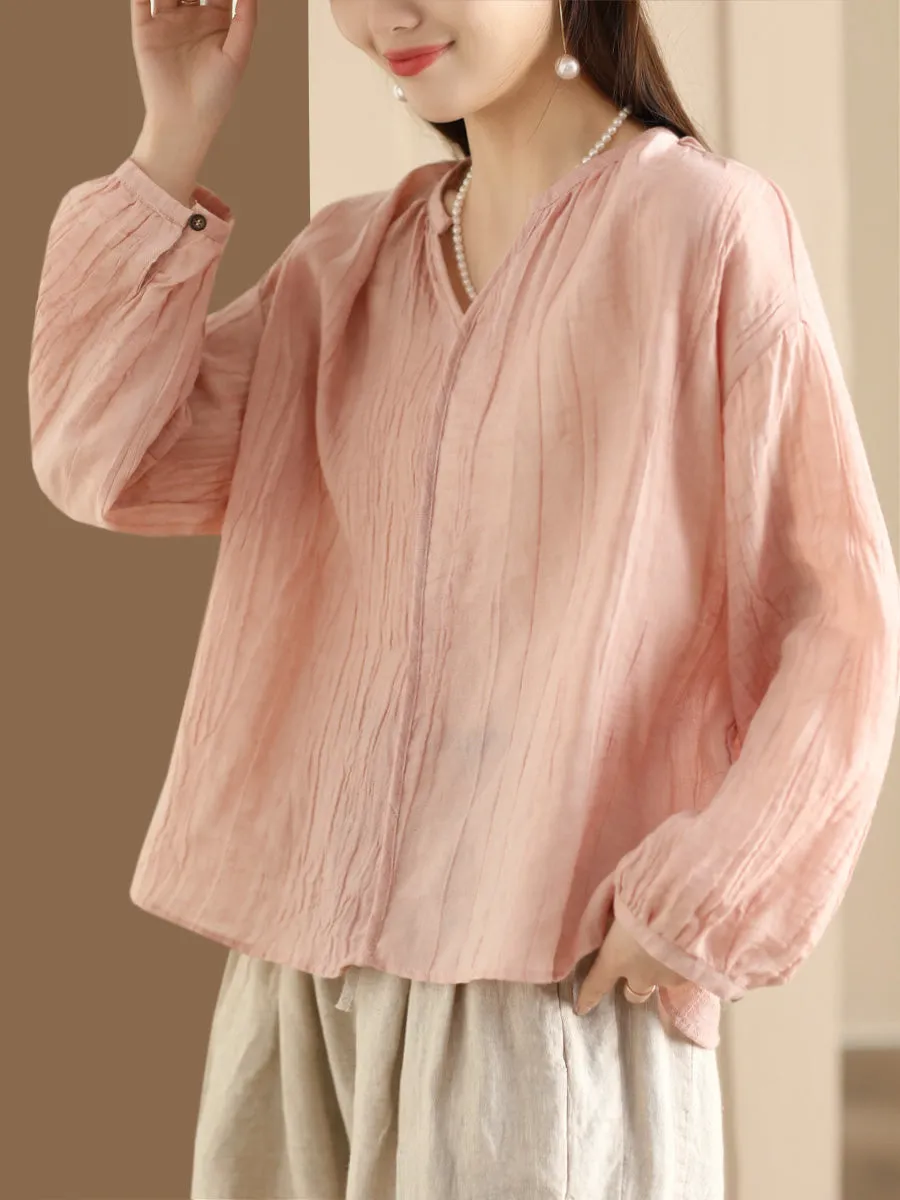 Women Spring Solid Vintage Ramie V-neck Blouse CO1013