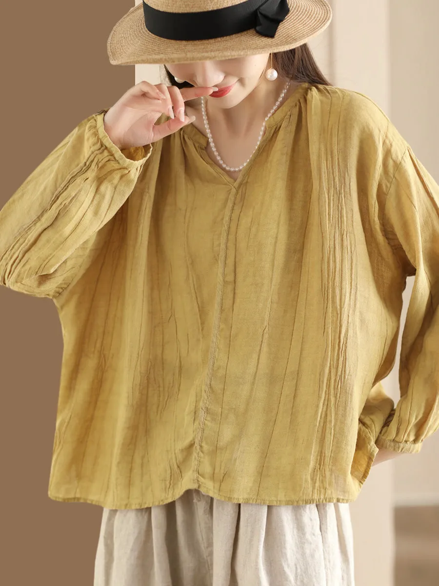 Women Spring Solid Vintage Ramie V-neck Blouse CO1013